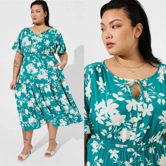 Torrid Tea Length Studio Crepe De Chine Tie Neck Tiered Dress - Picture 1 of 16